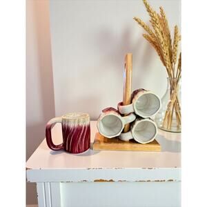 Rodolfo Padilla Drip Glaze Stoneware Mugs-Set of 4-Wood Stand-Mexico-Pottery-Red